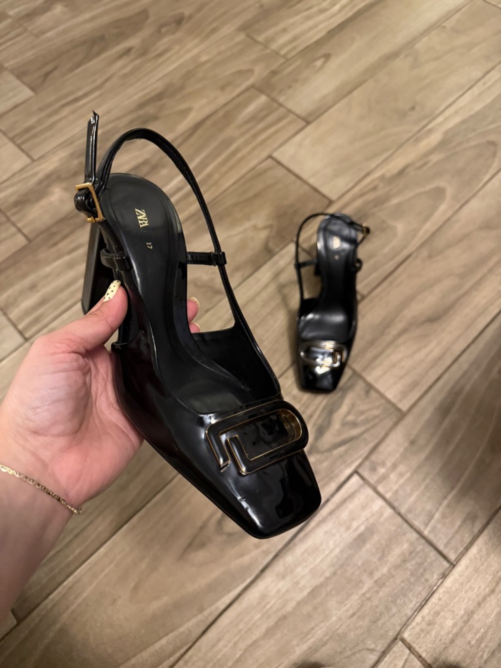 Zara Black Patent Slingback Heels with Gold Buckle Accent